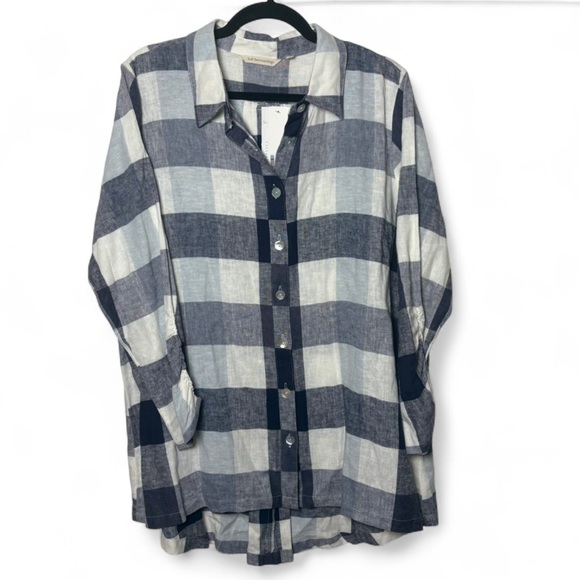 Soft Surroundings Blue White Plaid Linen Blend Shirt Tunic XL NWT - Picture 1 of 7